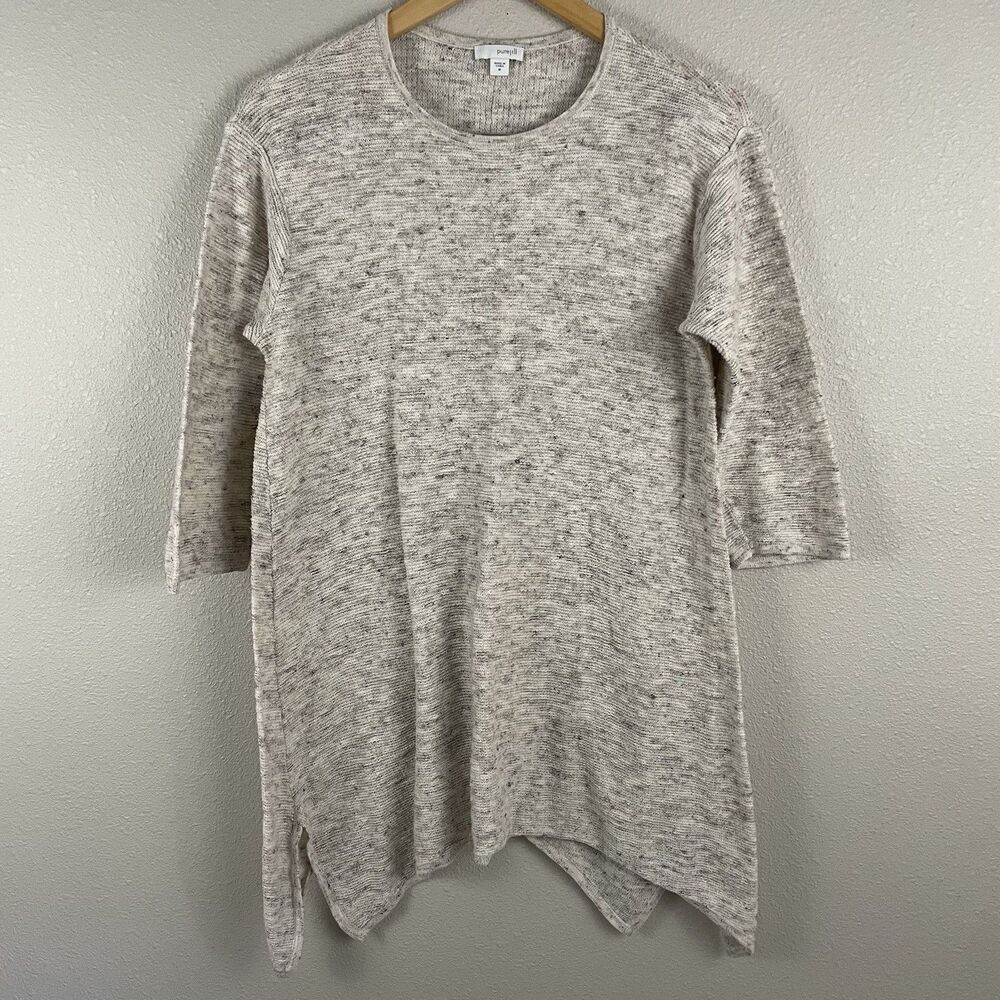 J Jill Purejill Womens M Knit Tunic Sharkbite Hem Sweater 3/4 Sleeve Oatmeal